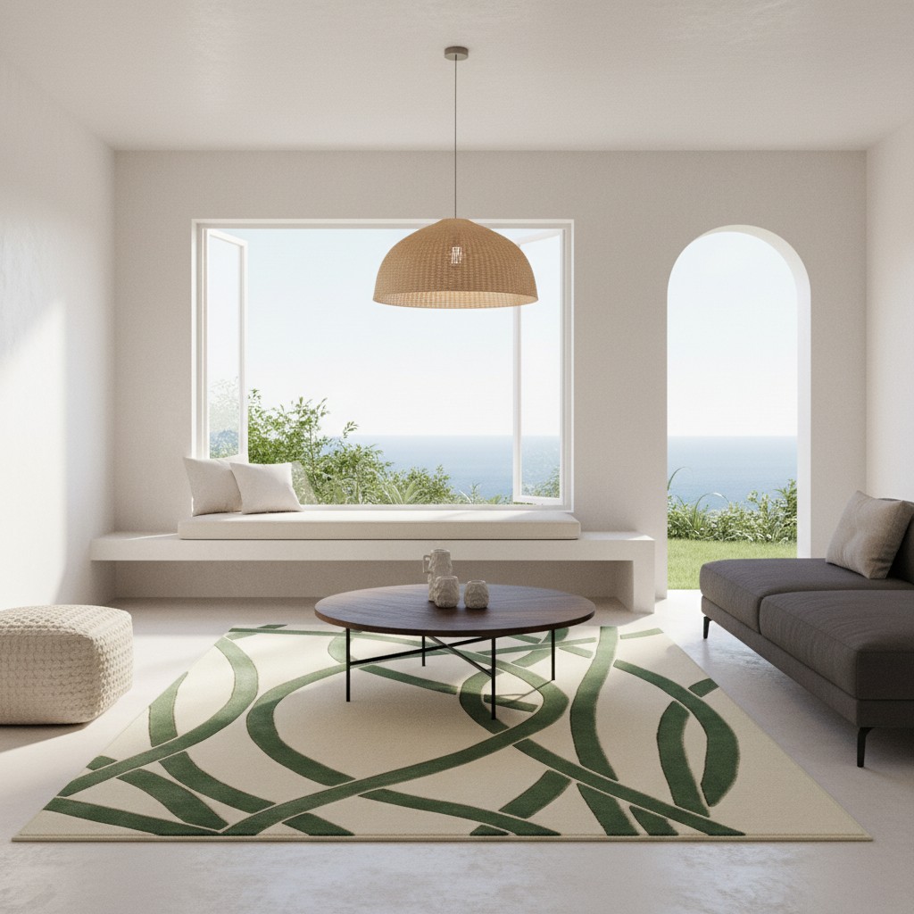 A modern living room with a large cream area rug featuring a green abstract leaf pattern, a round dark wood coffee table, a gray sofa, and a wicker pendant light, set against a bright white wall with a window overlooking the sea.