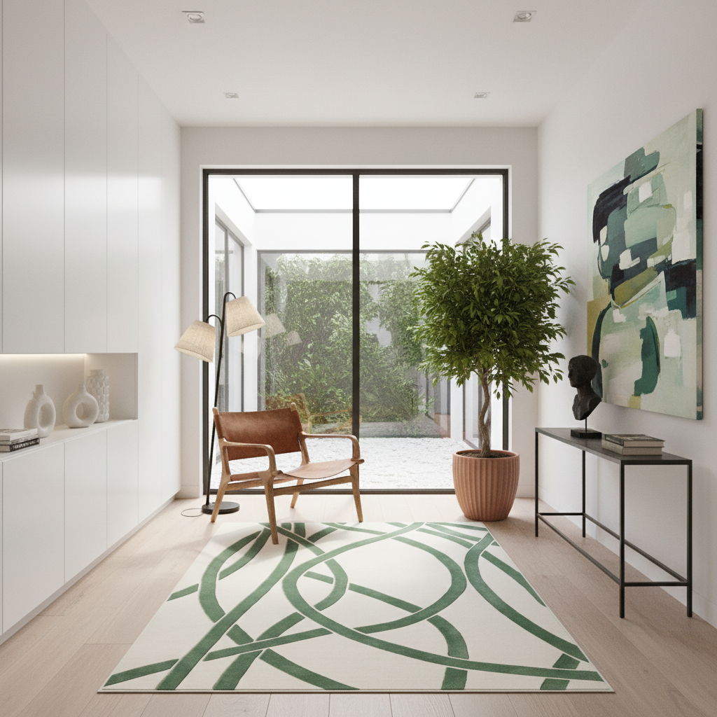 A modern living room interior with a large area rug featuring green abstract curved lines on a cream background. The room includes a brown leather armchair, a potted green tree, a black console table, and a large abstract painting on the wall.