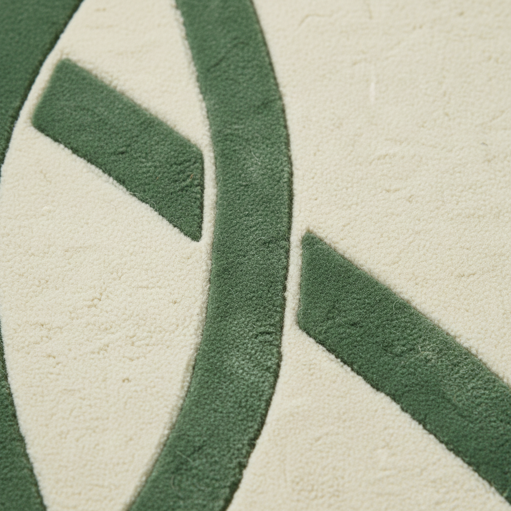 A close-up of a textured rug or carpet showing a dark green abstract geometric pattern on a warm off-white background.