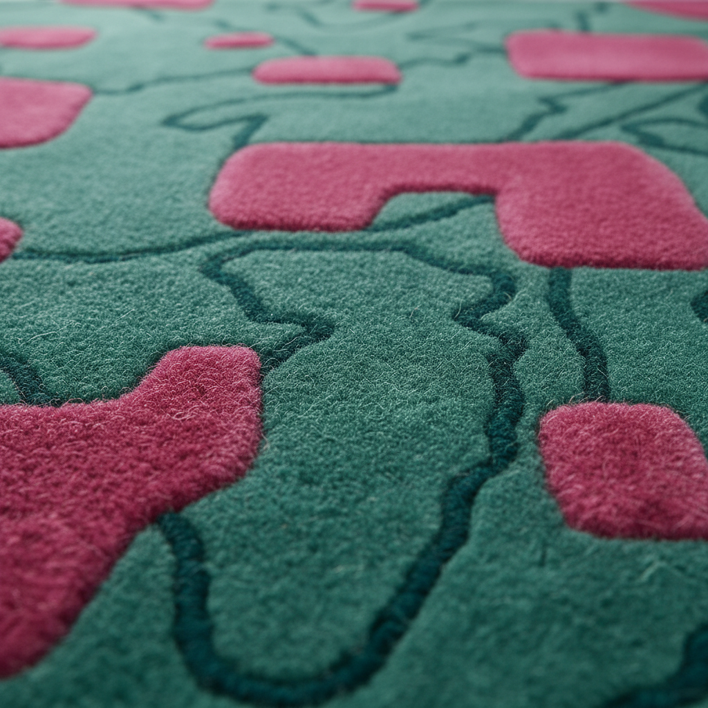 A close-up of a textured rug featuring a dark green base with raised magenta pink abstract shapes and dark green organic line patterns.