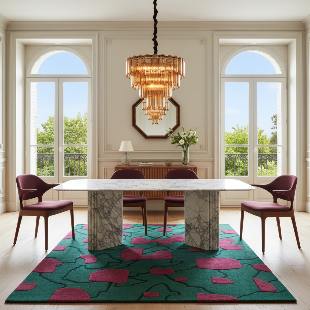 A luxury dining room scene featuring a modern rectangular dining table with a white marble top and gray veined stone legs, surrounded by four contemporary chairs with burgundy upholstery. The furniture is arranged on a vibrant green and pink patterned area rug.