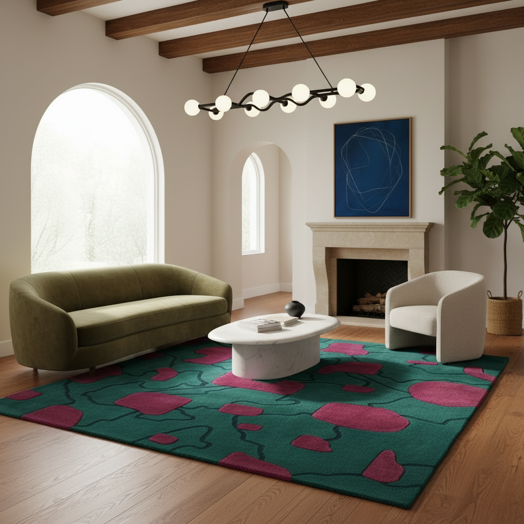 A modern living room featuring a large teal green area rug with bold magenta abstract shapes, styled with a green sofa, white accent chair, white coffee table, and a blue abstract wall art piece above a fireplace.