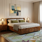 Modern bedroom with wooden bed, abstract art, and geometric rug.
