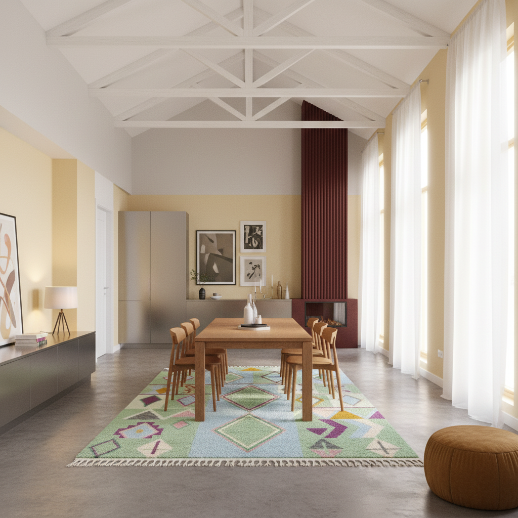 A modern dining room featuring a rectangular wooden dining table and six matching wooden chairs placed on a colorful geometric patterned area rug. The room has a high white-beamed ceiling, warm beige walls, sheer white curtains, and a dark red slatted accent wall in the background.
