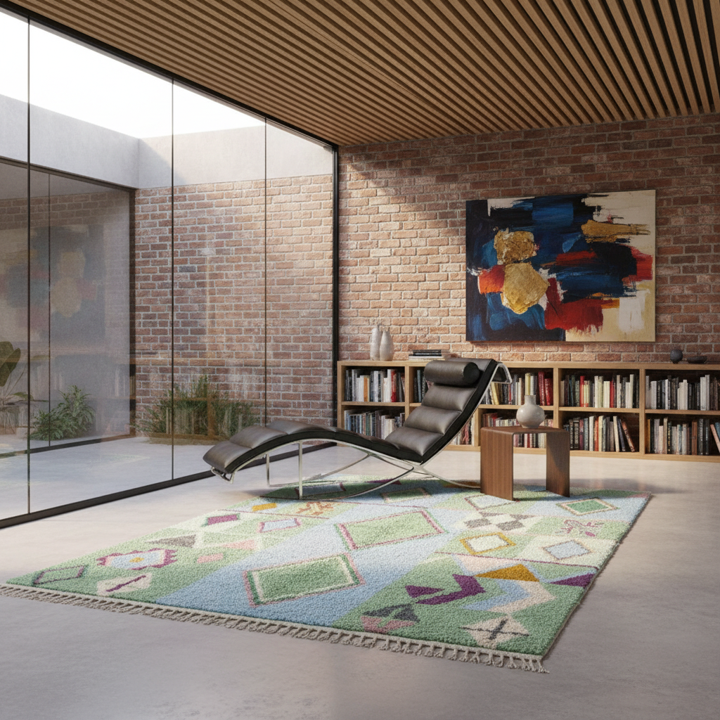 A modern living room scene featuring a multicolor geometric patterned area rug on a concrete floor, next to a black leather chaise lounge and a brick wall with a large abstract painting.
