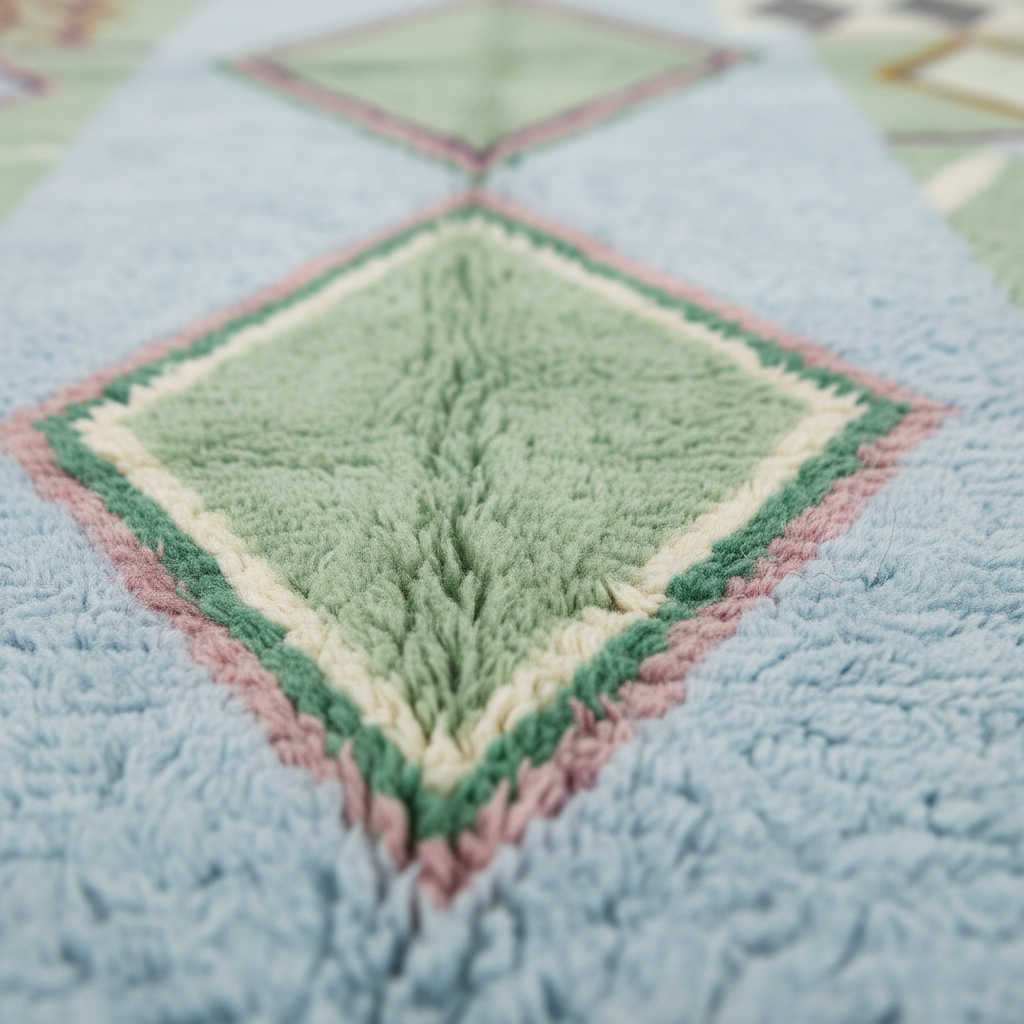 Close-up of a soft, textured rug with a geometric diamond pattern in pastel shades of light blue, mint green, cream, and dusty pink.