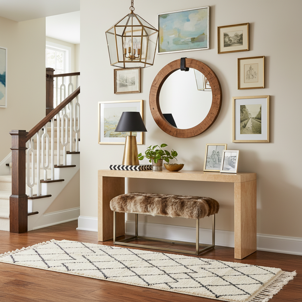 Foyer with wooden console table, round mirror, runner rug, and framed pictures on a beige wall.
