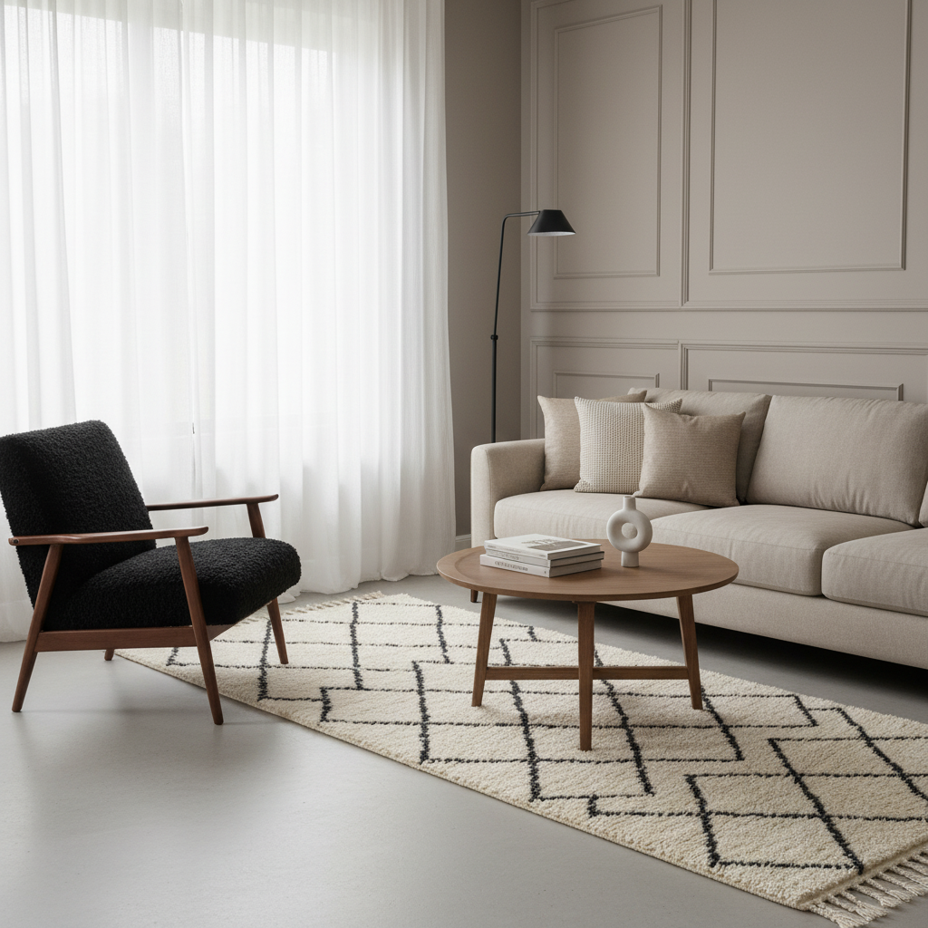 A styled living room scene featuring a black textured armchair, a beige sofa, a round wooden coffee table, a black floor lamp, and a cream and black patterned area rug on a light gray floor.