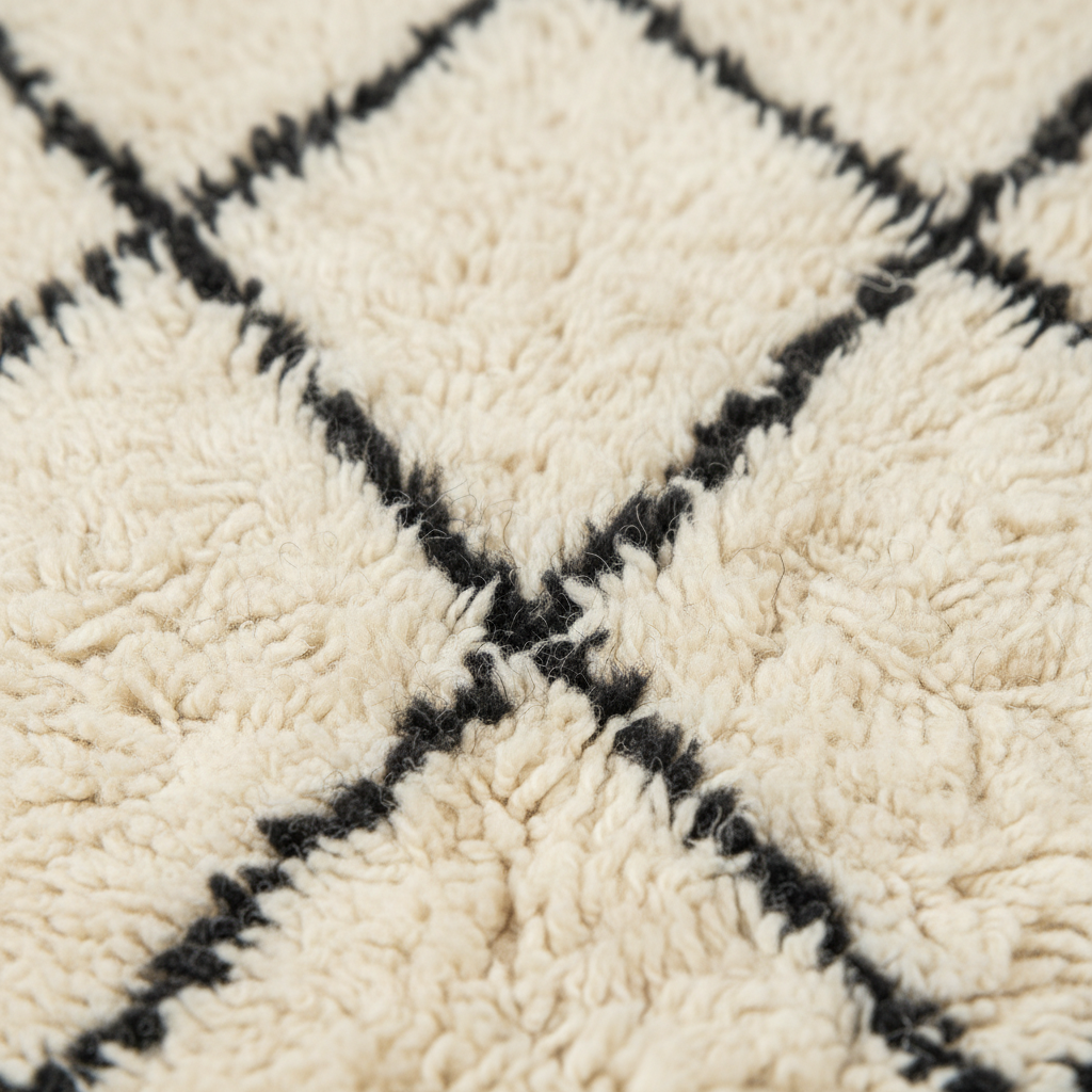 Close-up of a textured cream shag rug with a black geometric diamond pattern.