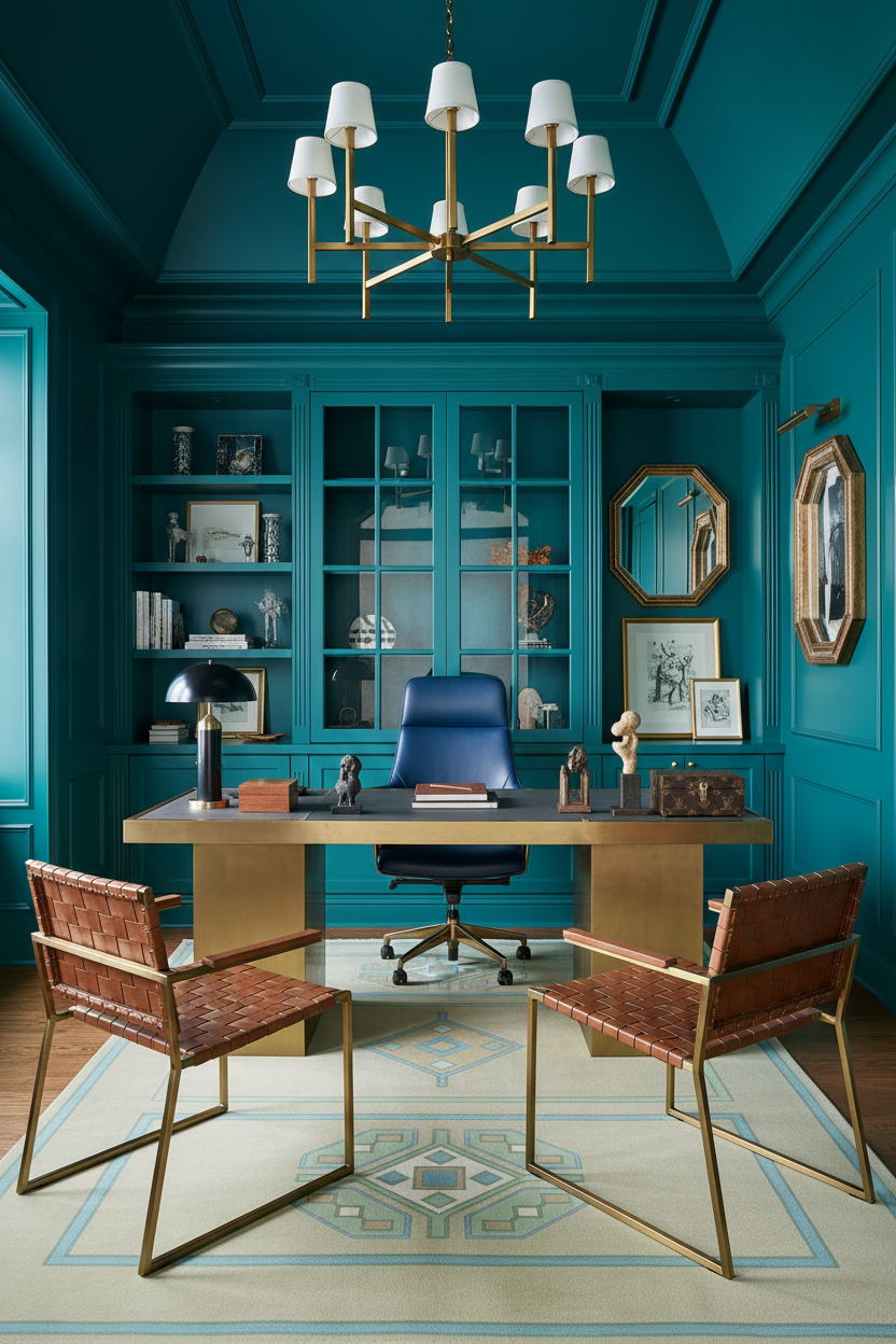 Modern office with teal walls, wooden desk, blue yellow rug, chair, and decorative elements.