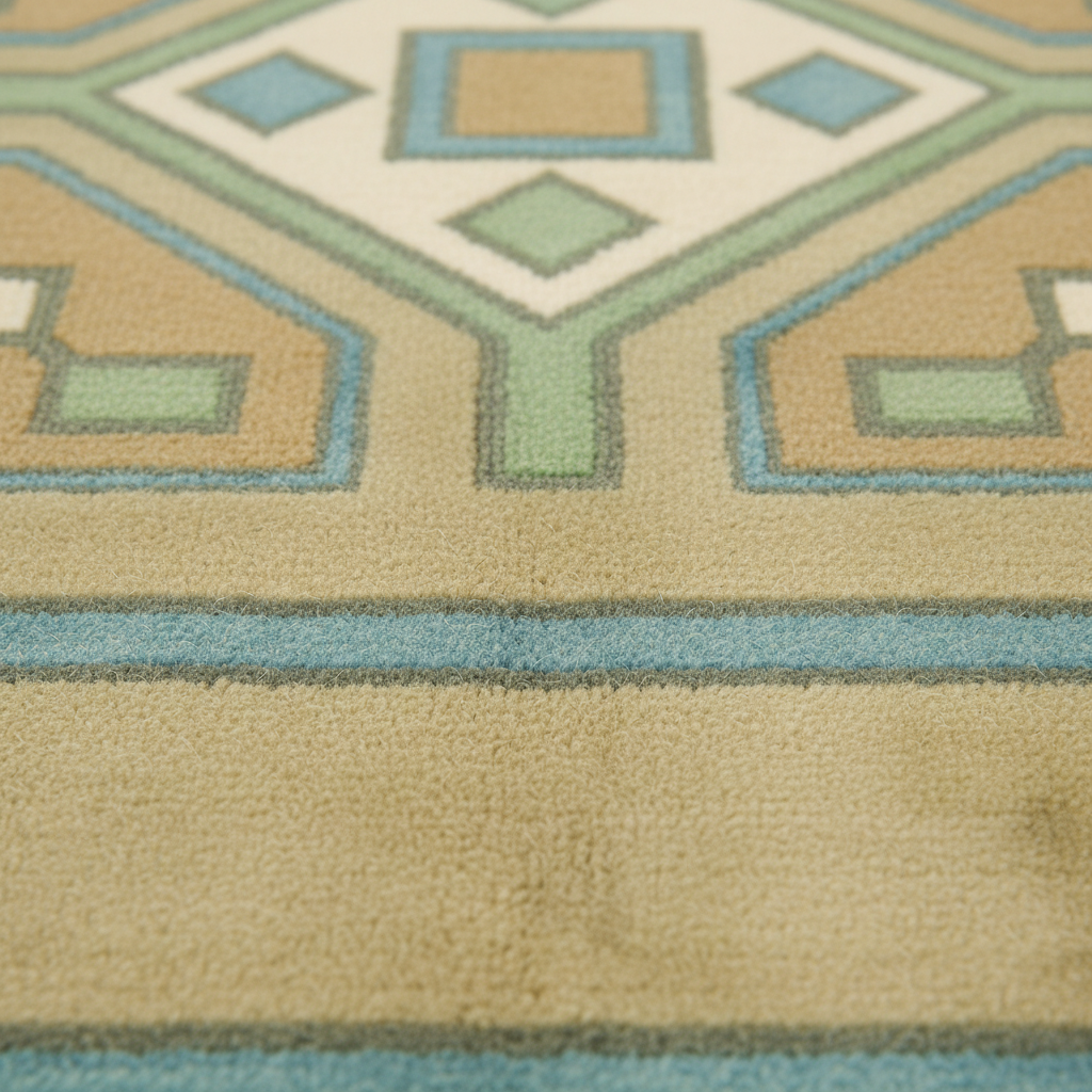 Close-up of a textured area rug with a geometric pattern in beige, light blue, sage green, and cream.