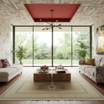 A modern living room with a large patterned area rug, two wooden coffee tables, a patterned sofa, and a white sofa, all arranged symmetrically in front of large floor-to-ceiling windows overlooking a green lawn.