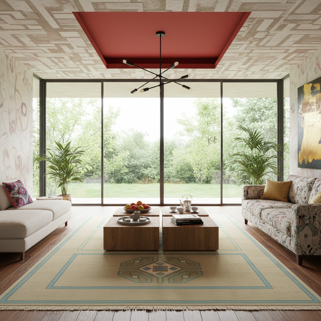 A modern living room with a large patterned area rug, two wooden coffee tables, a patterned sofa, and a white sofa, all arranged symmetrically in front of large floor-to-ceiling windows overlooking a green lawn.
