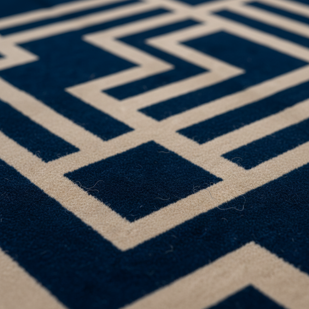 Close-up of a textured rug with a geometric maze-like pattern in navy blue and cream.