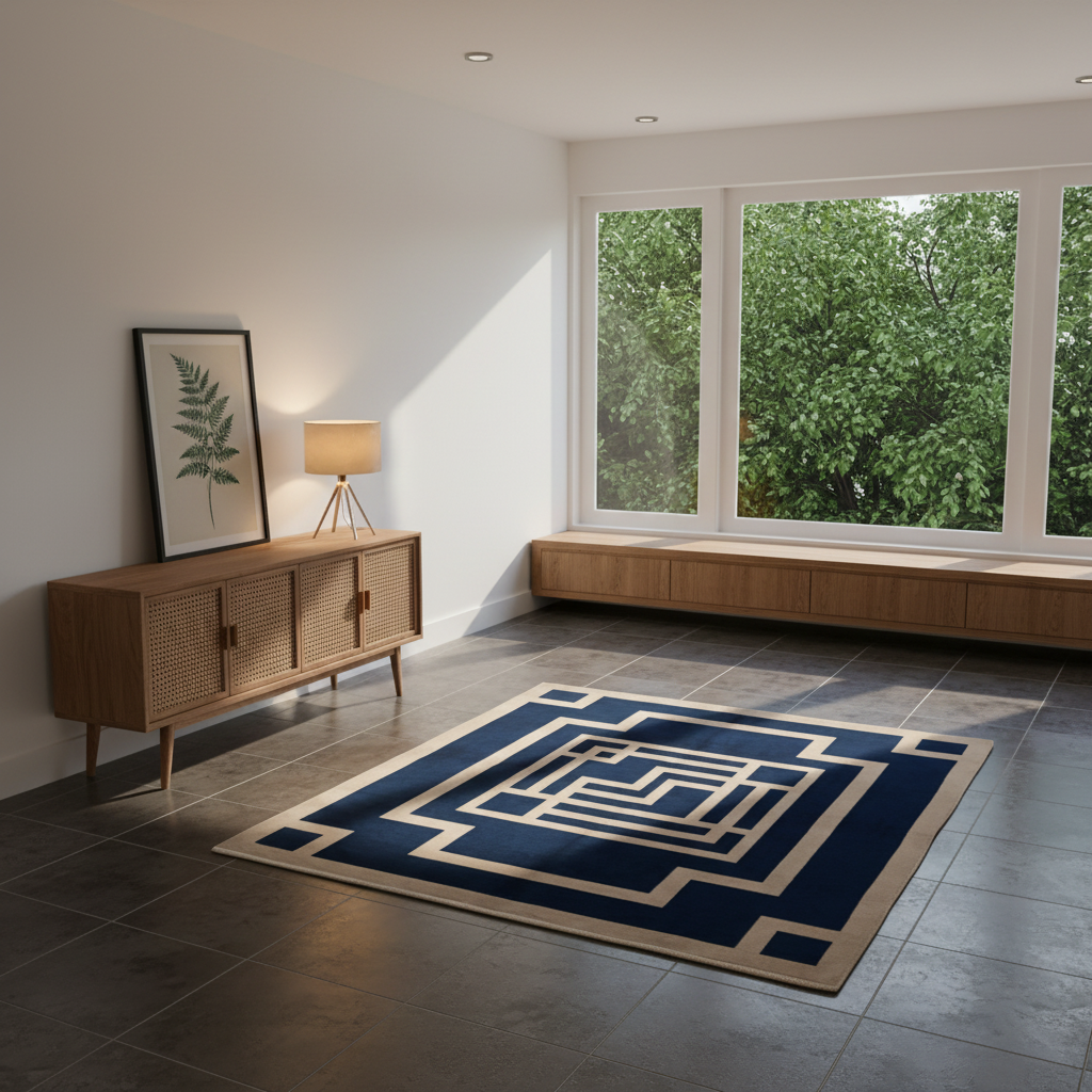 A modern living room with a navy blue and beige geometric area rug on dark gray tile flooring. A light wood credenza with a framed botanical print and a small table lamp sits on the left, and a built-in wooden window seat with large windows showing green foliage outside is on the right.