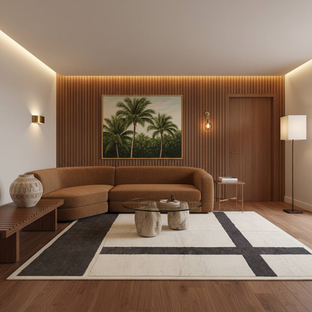 A modern living room featuring a curved brown sectional sofa, a large framed tropical palm tree print on a slatted wood wall, a cream and black geometric area rug, and contemporary coffee tables.