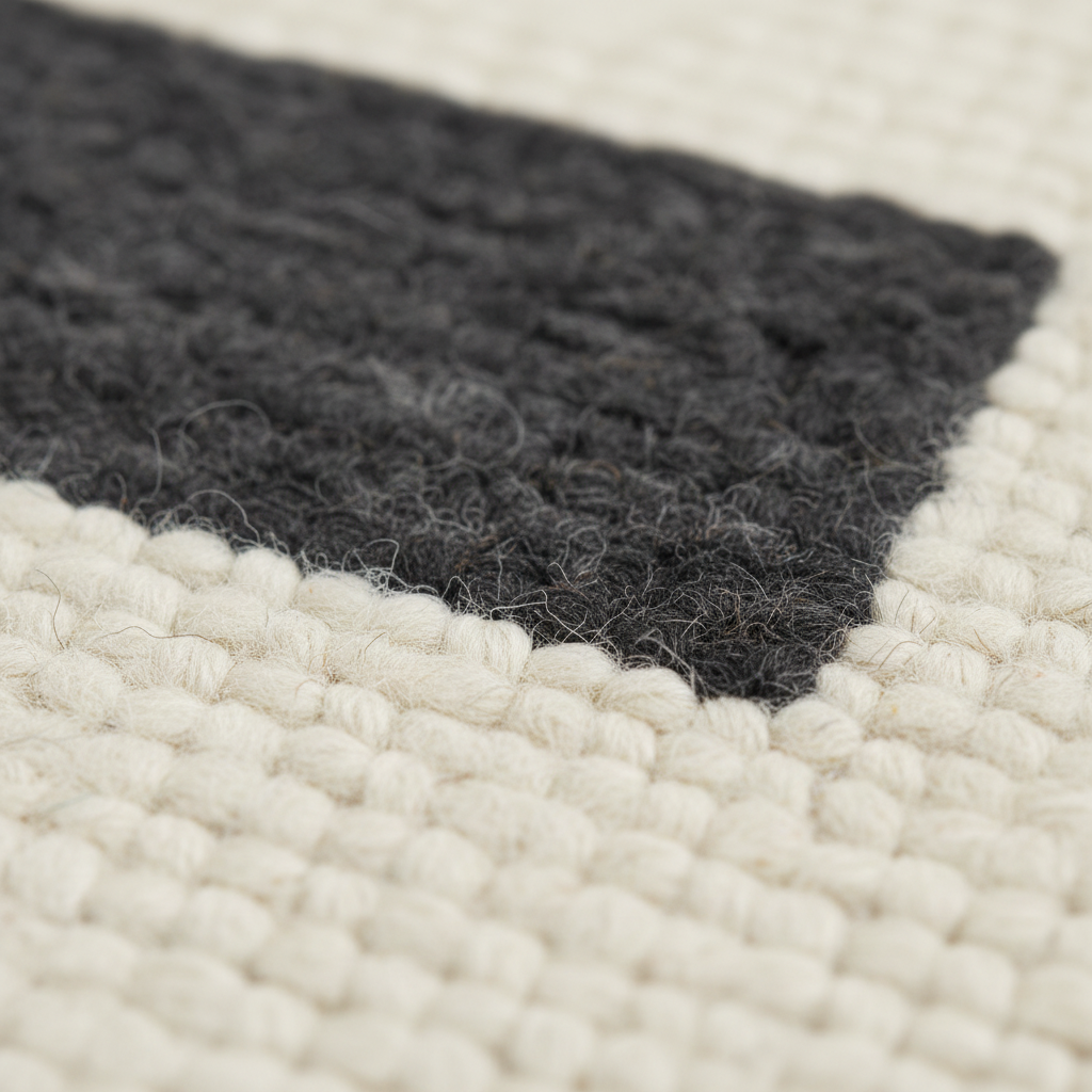 Close-up of a woven textile with a dark charcoal gray corner and cream-colored textured sections.