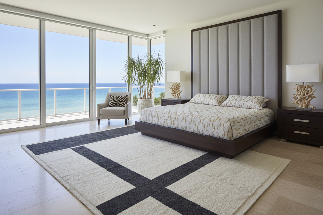 Modern bedroom with ocean view, large bed, knotted beige rug, and decorative elements.