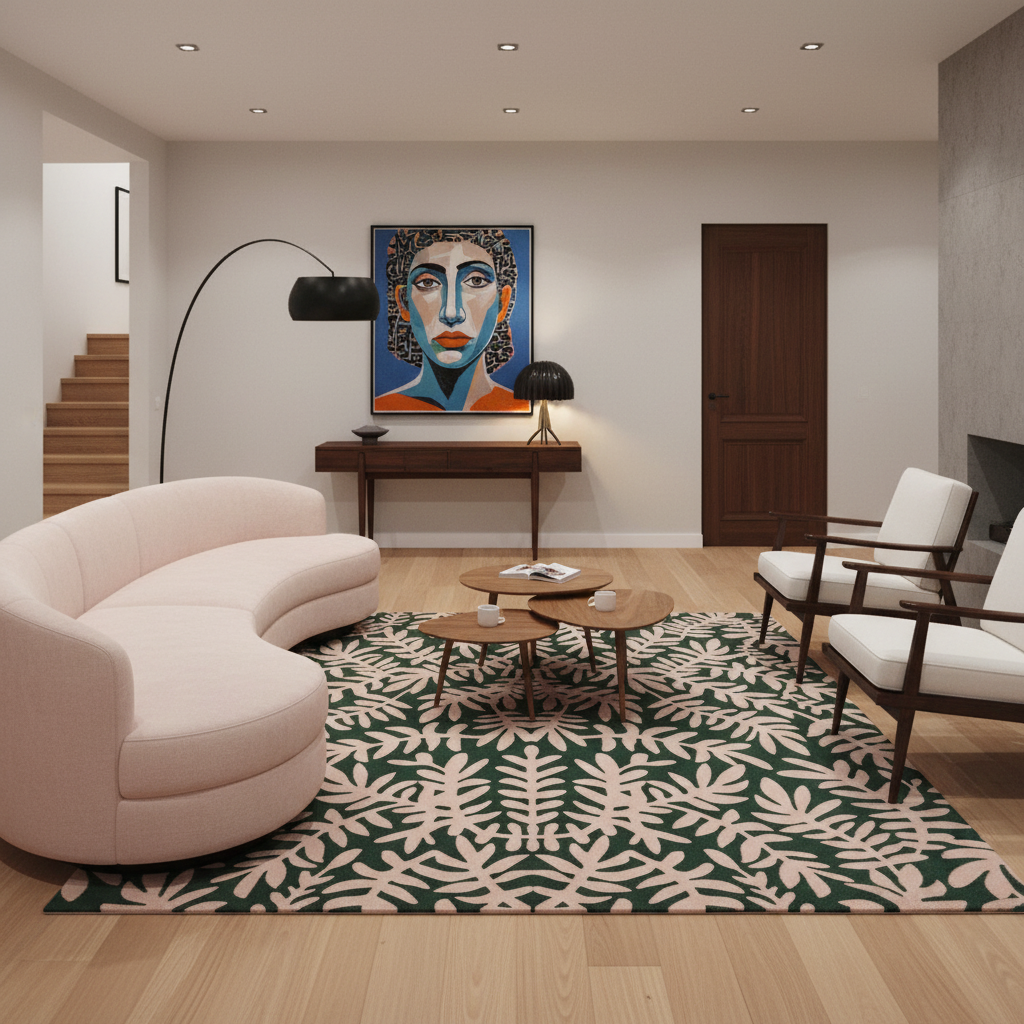 A modern living room featuring a curved blush pink sofa, a green and beige patterned area rug, two wooden coffee tables, and two white armchairs with dark wood frames. A colorful portrait painting hangs on the wall above a dark wood console table.