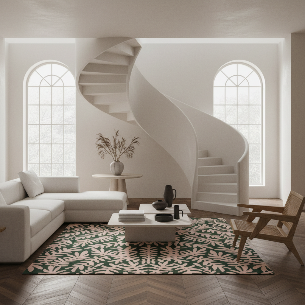A modern living room with a white sectional sofa, low white coffee table, patterned rug, wooden armchair, and a sweeping white spiral staircase between two tall arched windows.