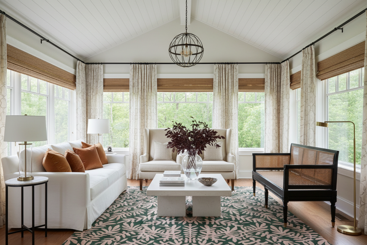 Living room with white sofa, armchair, coffee table, green pink rug, and decorative elements.