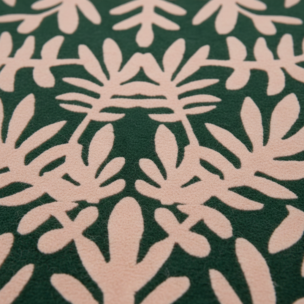 A close-up of a felt fabric featuring a repeating leafy pattern in pale blush pink on a dark forest green background.