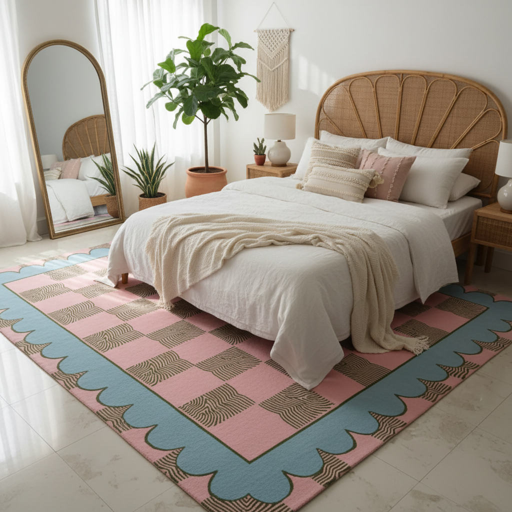 Leaf Checker Scallop Pastel Hand Tufted Rug