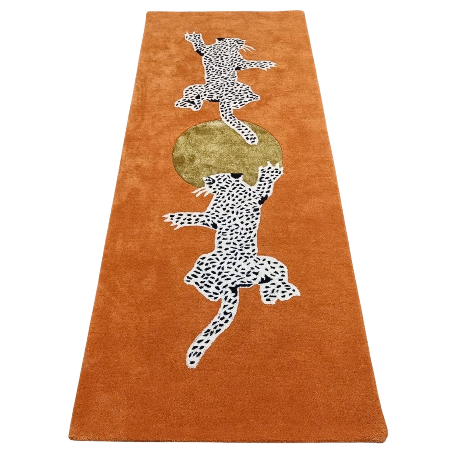Leopards on Silky Road Hand Tufted Wool Rug Runner - Orange