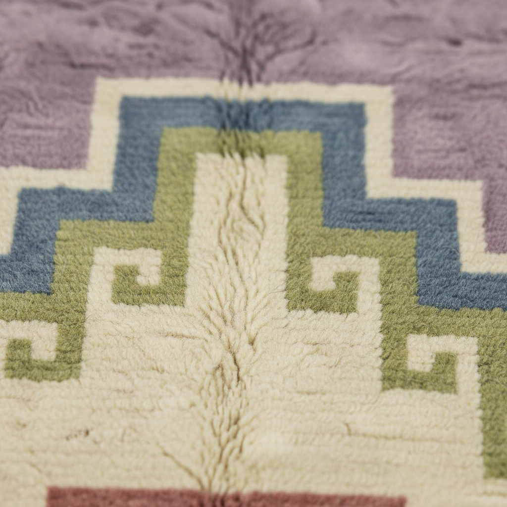 Close-up of a plush textured rug with a geometric pattern in lavender, dusty blue, sage green, and cream.