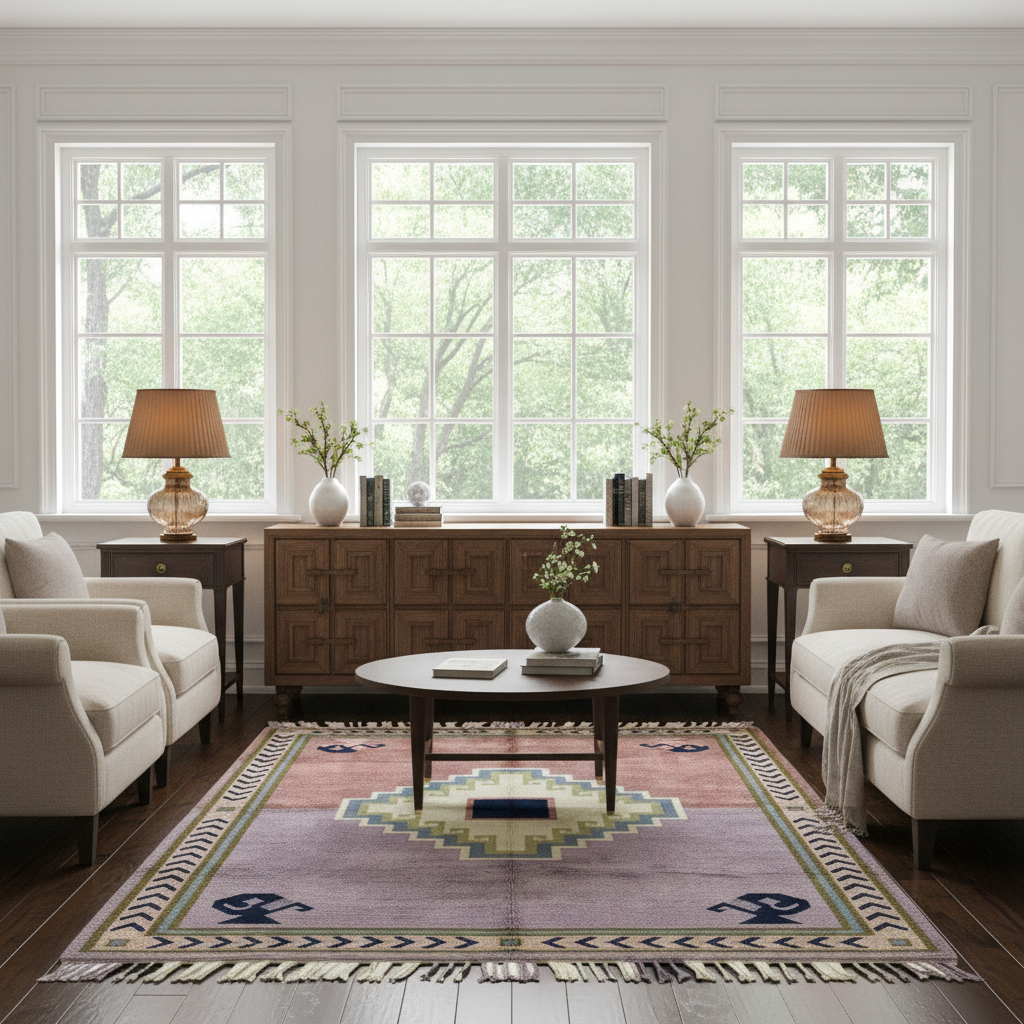 A styled living room with a large rectangular area rug featuring a geometric medallion pattern in muted purple, beige, and navy. The room is furnished with cream-colored armchairs, a wooden sideboard, two table lamps, and a round coffee table, all set against a bright background of three large windows showing green trees outside.
