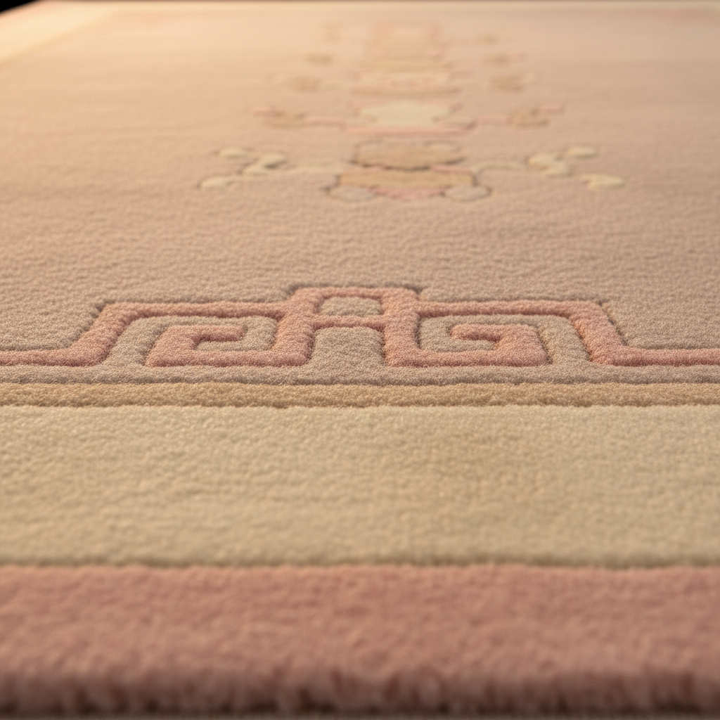 Close-up of a plush area rug with a soft pink border, a beige center, and a raised pink geometric pattern.