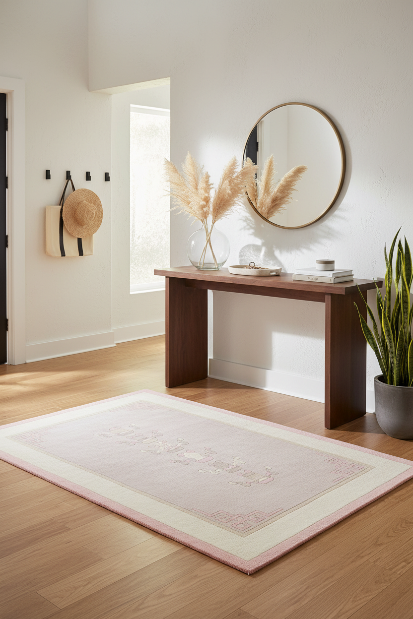 Room interior with a wooden console table, pink rug, mirror, and decor items.