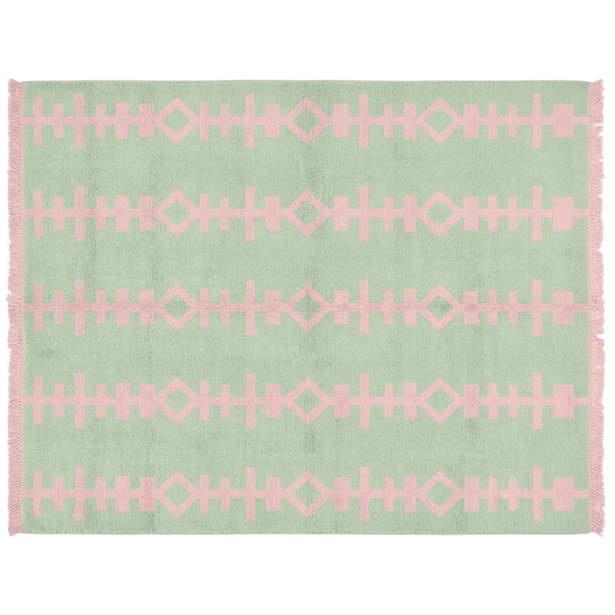 A rectangular woven rug with a sage green background and a repeating light pink geometric pattern, featuring pink fringe on the left and right edges.