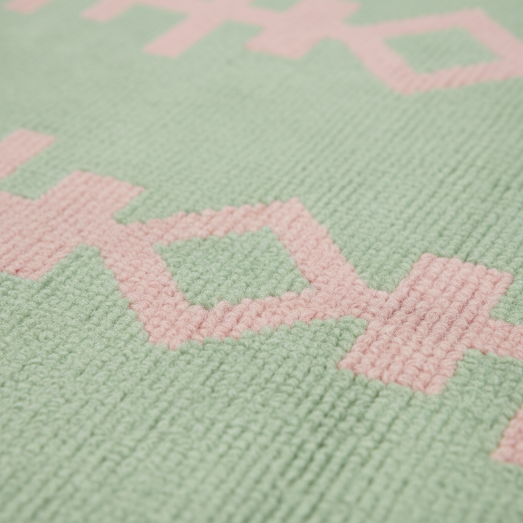 Close-up of a textured knit fabric with a geometric pattern in pale mint green and light pink.