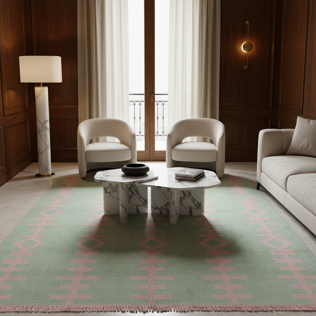 A styled living room interior featuring a large sage green area rug with a pink geometric cross pattern, two cream armchairs, a marble coffee table, a sofa, wood-paneled walls, and a floor lamp.