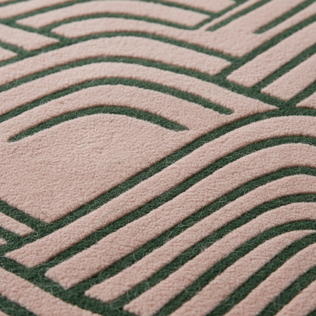 Close-up of a textured fabric or carpet with a repeating geometric wave-like pattern in dark green on a dusty pink background.