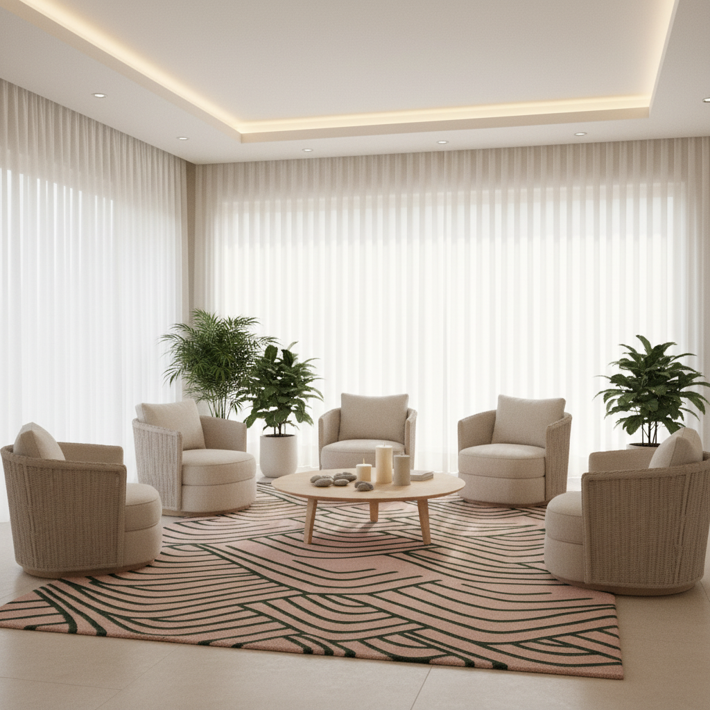 A modern, minimalist living room setup featuring four cream-colored armchairs arranged around a round wooden coffee table on a pink and beige patterned rug. The room is decorated with four potted green plants and has large, floor-to-ceiling white vertical blinds under a recessed ceiling with warm LED lighting.