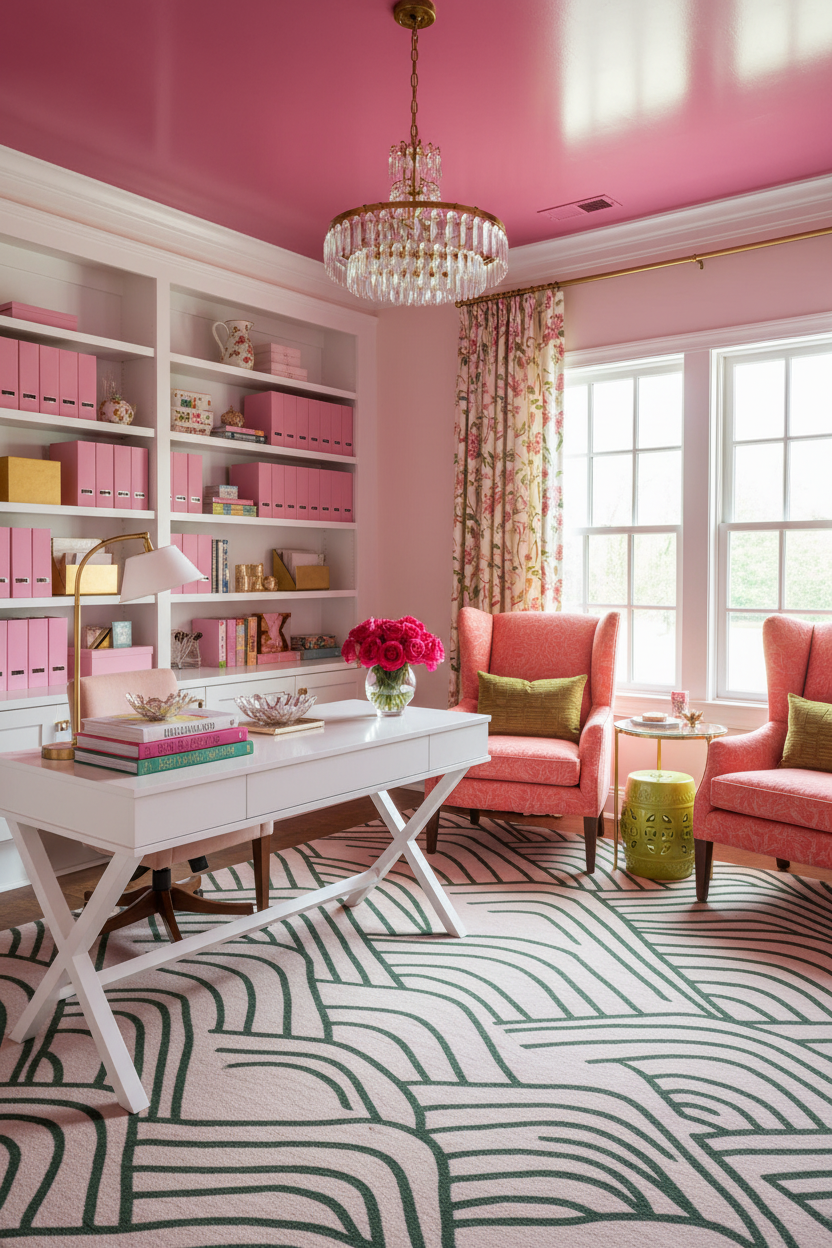 Pink-themed home office with shelves, rug, desk, and chairs.
