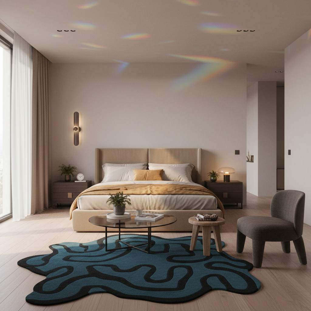 A modern bedroom interior with a bed, nightstands, lamps, coffee tables, a gray accent chair, and a large abstract teal rug on light wood flooring. Sunlight streams through a window, casting rainbow-like reflections on the ceiling.