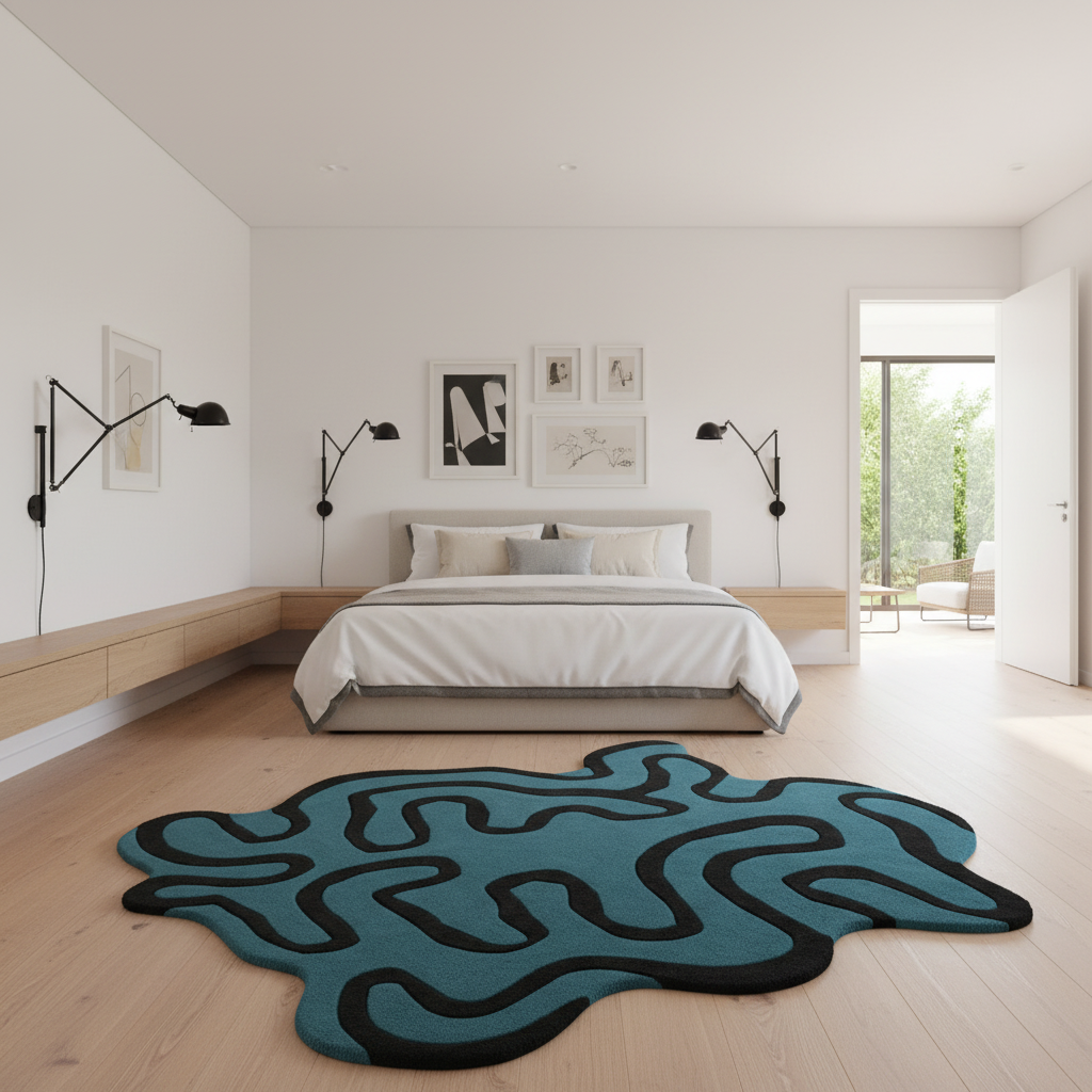 A modern bedroom with a large abstract teal and black rug on light wood floors, featuring a bed, wall-mounted black lamps, and framed wall art.