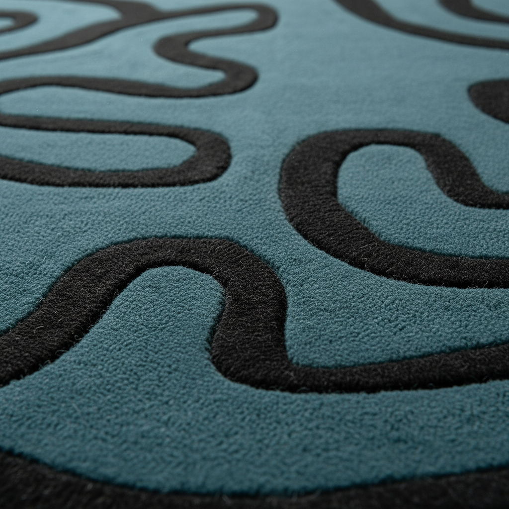Close-up of a plush area rug with a teal blue background and thick, dark charcoal wavy lines forming an abstract pattern.