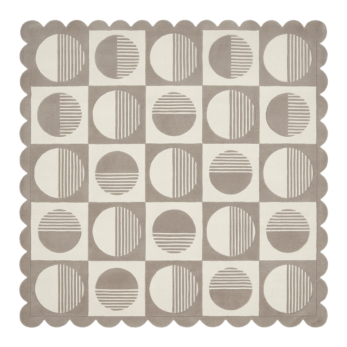 Patterned rug with geometric design on a white background