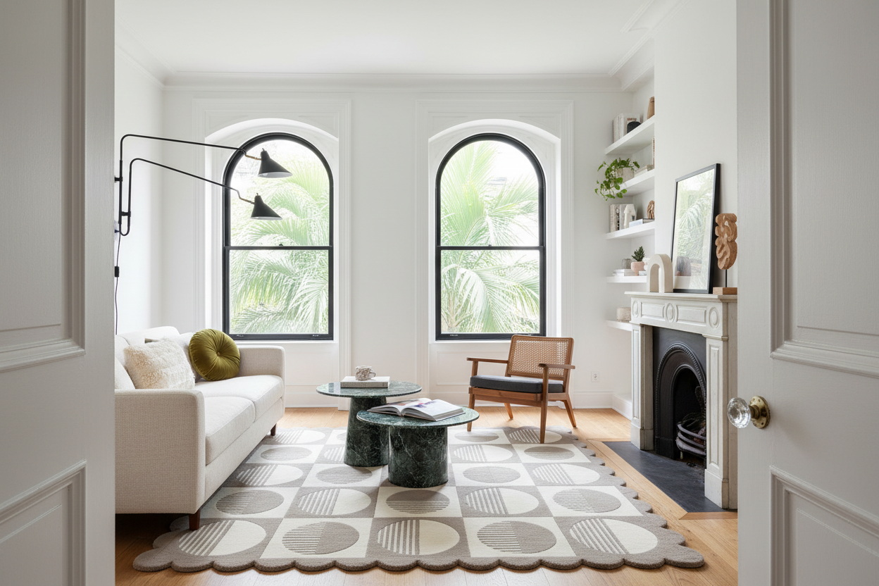 Modern living room with white sofa, marble coffee table, and decorative scallop rug.
