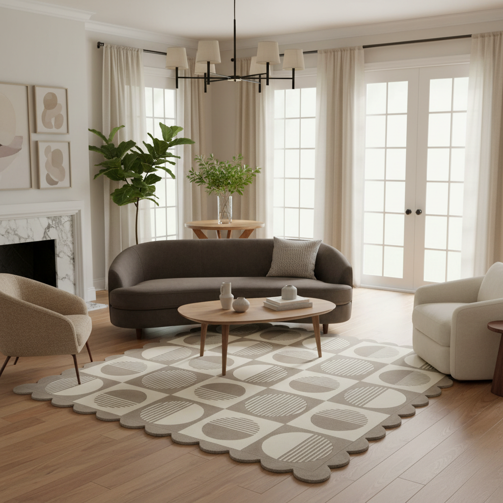 A modern living room featuring a large scalloped area rug with a geometric pattern in beige and gray, styled with a dark gray sofa, a round wooden coffee table, and neutral-toned chairs.