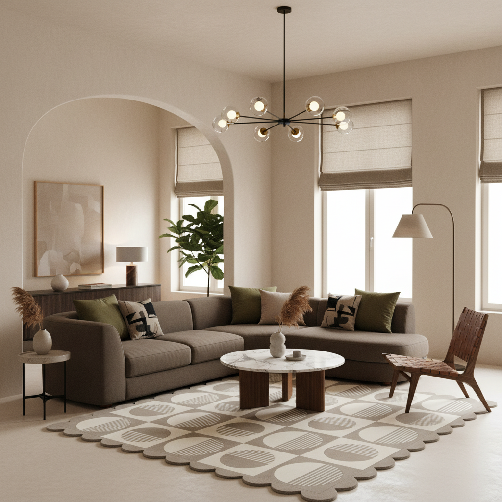 A modern living room featuring a large taupe sectional sofa, a matching patterned area rug, a round coffee table, and a brown woven accent chair. The room has warm beige walls, large windows with beige roller shades, and a black multi-arm chandelier.