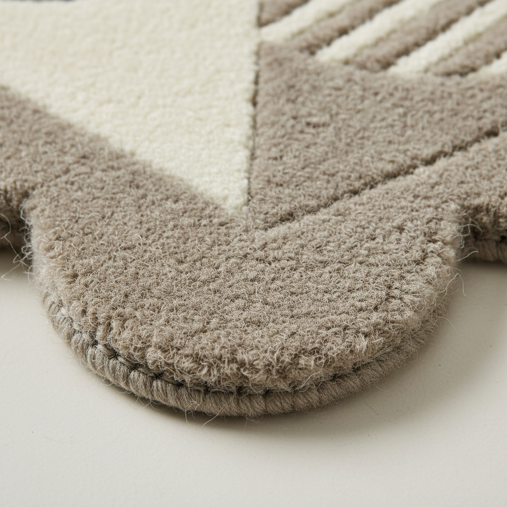 Close-up of a textured area rug corner showing a taupe-beige loop pile with a cream-colored chevron pattern and a braided edge.