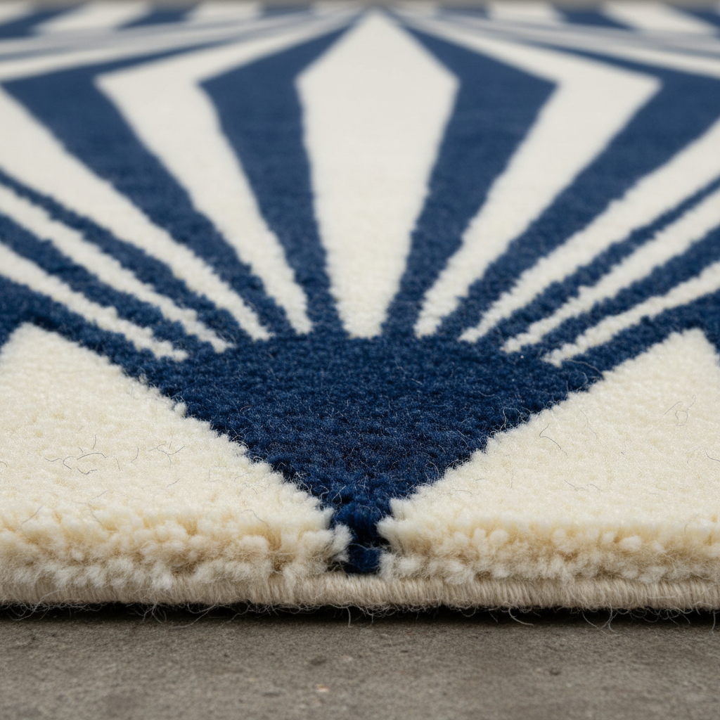 Close-up of a textured area rug with a navy blue and cream geometric fan pattern, shown on a concrete floor.
