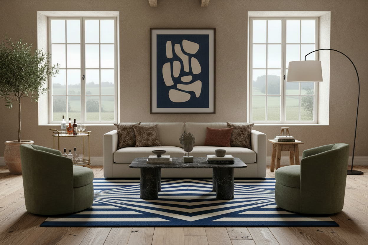 Modern living room with a sofa, chairs, contemporary geometric blue and white rug, coffee table, and decorative elements.