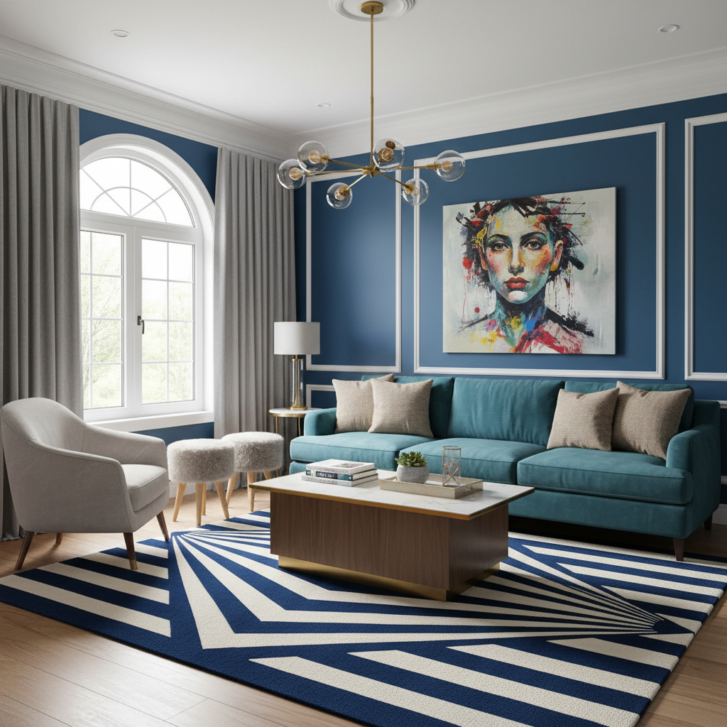 A styled living room interior featuring a teal blue sofa, a matching blue and white patterned area rug, a white armchair, a wooden coffee table, gray curtains, and a large colorful portrait painting on a deep blue wall.