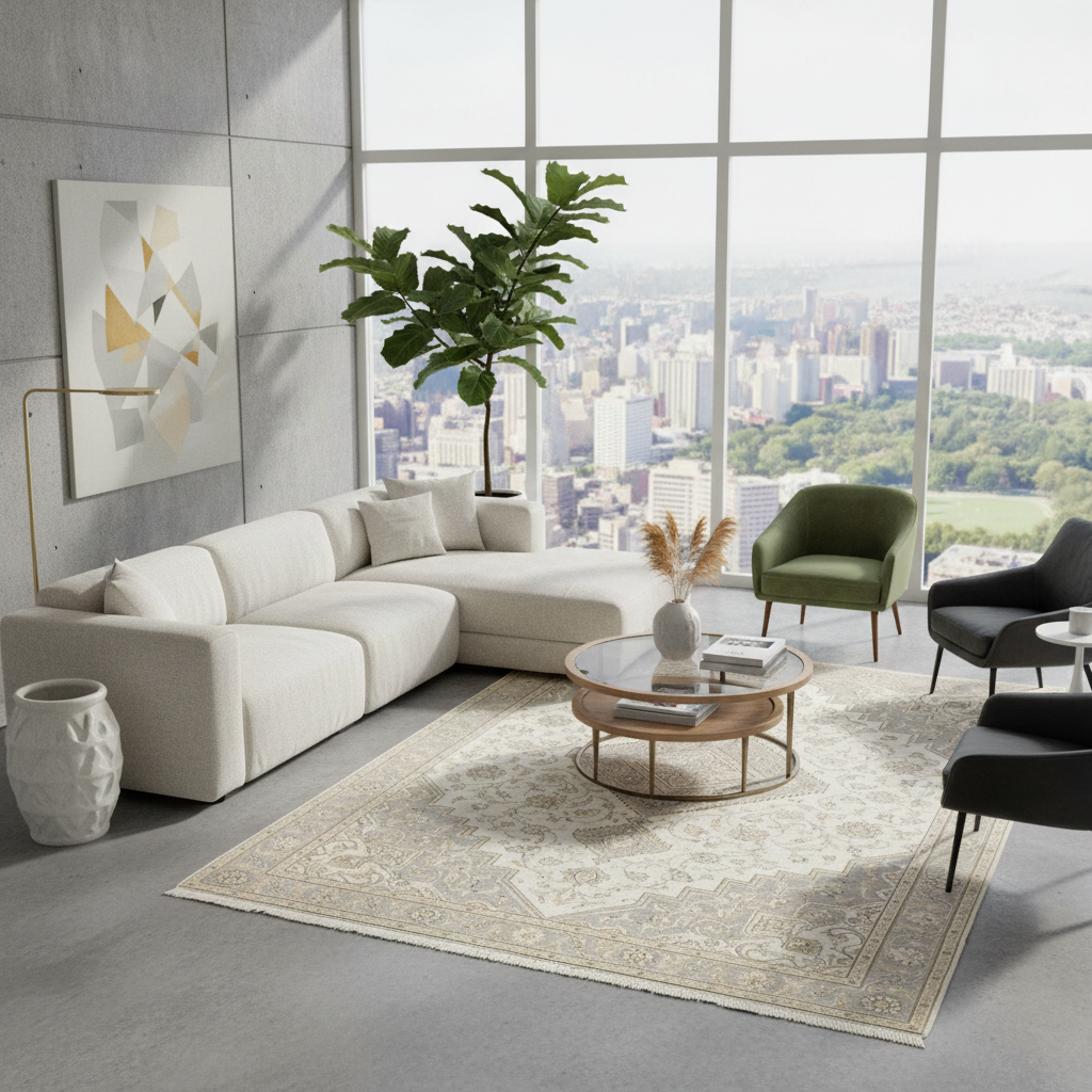 A modern living room scene with a large cream sectional sofa, patterned area rug, round coffee table, green accent chair, black chairs, concrete walls, and a large window overlooking a city skyline.